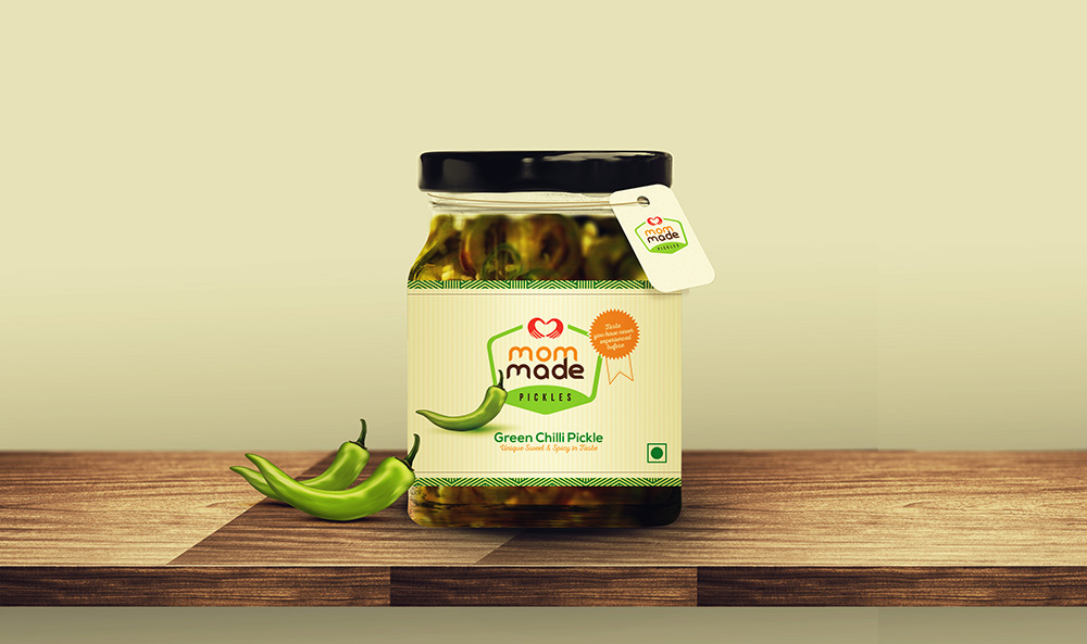 mom made green chilli pickle packaging design